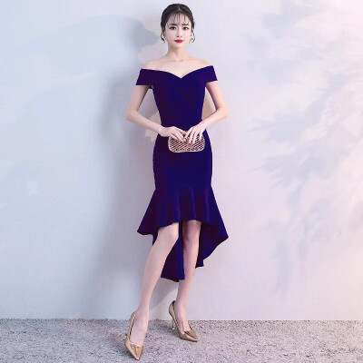 

Front Short Back Long Mermaid Evening Dress Sexy Boat Neck Off The Shoulder Toast Dress Slim Party Dinner Evening Dress