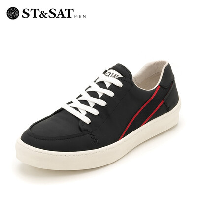 

Saturday Mens Shoes ST&SAT Cow Leather Light Breathable Sports Casual Running Korean Hip Hop Joker White Shoes SS83123222 Black 38