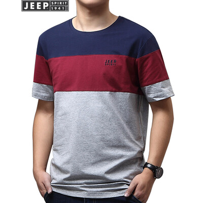 

Jeep short-sleeved mens simple casual youth mens stitching round neck cotton T-shirt 2019 summer new 4027 Bao blue XL