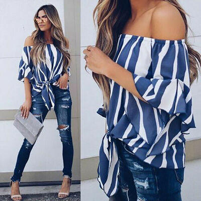 

Womens Bardot Off Shoulder Tops Ladies Summer Casual Loose T Shirt Blouse