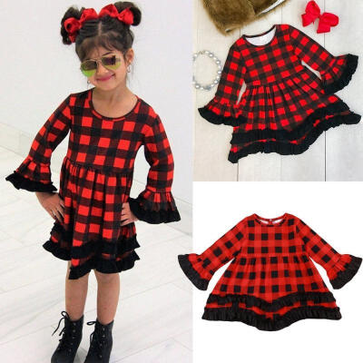 

Girls Check Plaid Tartan Dress Toddler Kids Princess Party Wedding Tutu 1-6Y