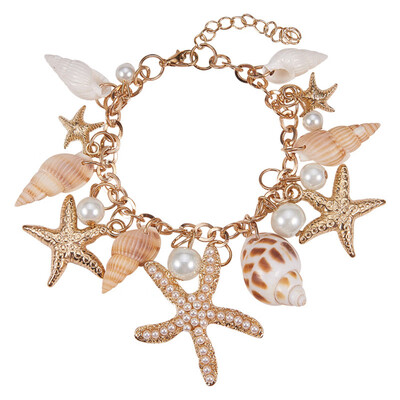 

PH PANDAHALL Golden Trendy Shell Charm Bracelets CCB Acrylic Alloy Rhinestone Starfish