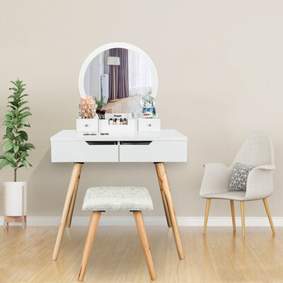 

Vanity Table Set with Round Mirror & 4 Drawers Makeup Dressing Table with Cushioned Stool White