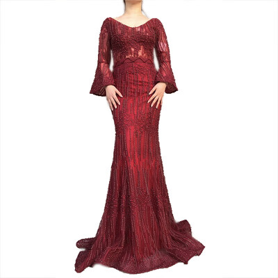 

Long Sleeves Fashion Luxury Evening Dresses V-Neck Mermaid Pearls Crystal Sexy Evening Gowns 2018 Alacati