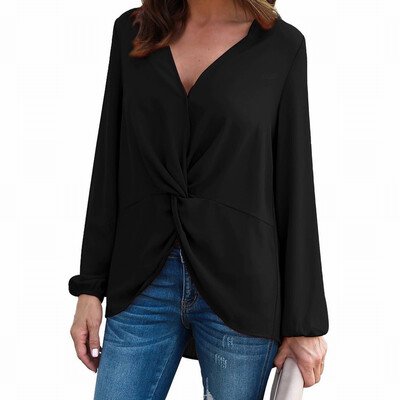 

Solid color shirt T-shirt womens V-neck long-sleeved knotted regular shirt