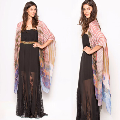 

New Women Chiffon Loose Cardigan Gradient Front Floral Print 34 Sleeves Beach Thin Casual Outerwear Pink