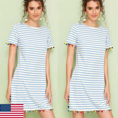 

Womens Stripe T Shirt Dress Casual Summer Beach Jumper Tunic Dresses Sundress