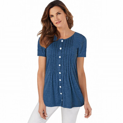 

Solid color regular outer wear T-shirt round neck short-sleeved single-row buttoned shirt