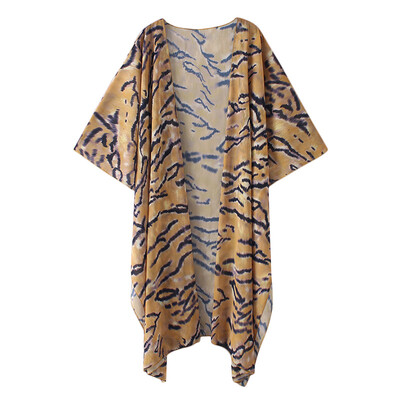 

New Women Chiffon Kimono Cardigan Floral Leopard Print Asymmetric Boho Loose Outerwear Beachwear Bikini Cover Up