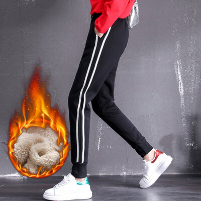 

Langyue womens 2018 autumn&winter new Korean version plus velvet thickening sports pants female students casual pants two bars warm pants LWKX189213 black