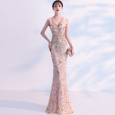 

Sexy V-Neck Evening Dresses Sequin Sleeveless Mermaid Party Dress Long Women Evening Dress