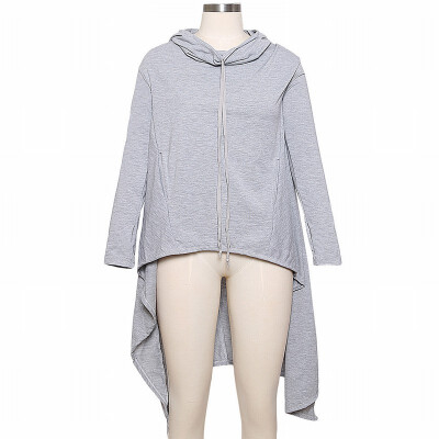 

Gray plain zipper long sleeve loose front short long hooded top