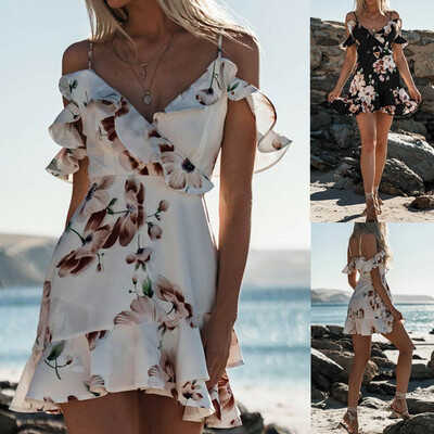 

Womens Boho Floral Chiffon Summer Party Evening Beach Short Mini Dress Sundress