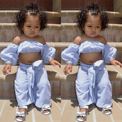 

Details about Baby Kid Girl Off-shoulder Tops T-shirt Loose Stripe Bowknot Pants Outfits Sets