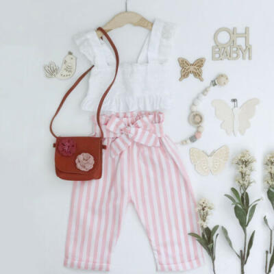 

Toddler Kids Baby Girls Clothes Lace Vest TopsStriped Pants Leggings Outfit Set