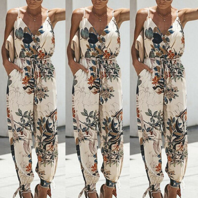 

Women Boho Floral Sleeveless Jumpsuit Romper Bodysuit Pencil Pants Long Trousers