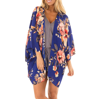 

New Women Chiffon Kimono Cardigan Floral Print Boho Loose Outerwear Beach Bikini Cover Up Blue