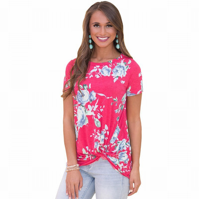 

White V-neck short-sleeved printed hem pleated design straight top T-shirt