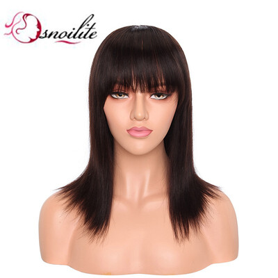 

Short Bob Human Hair Wigs with Bangs Straight Brazilian Virgin Hair Shoulder Length Made for Women Glueless Free Part