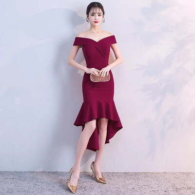 

Front Short Back Long Mermaid Evening Dress Sexy Boat Neck Off The Shoulder Toast Dress Slim Party Dinner Evening Dress