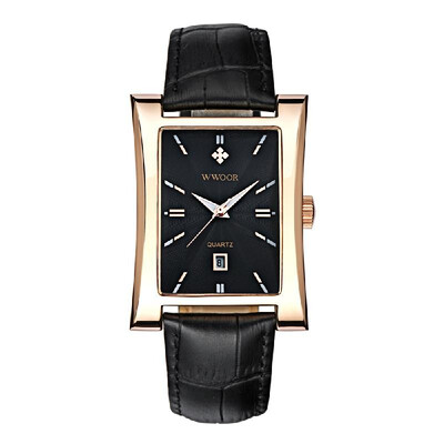 

WWOOR Eye-catching Rectangle Dial Quartz Watch Business Waterproof Leather Band Calendar Wrist Watch