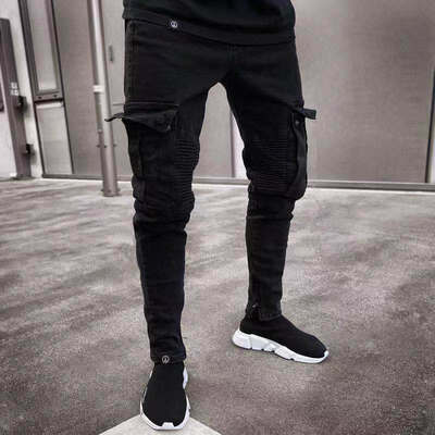 

Men Denim Skinny Biker Jeans Destroyed Frayed Slim Fit Pocket Cargo Pants