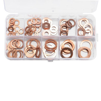 

100pcs Copper Washer Gasket Nut&Bolt Set Flat Ring Seal Assortment Kit with Box M5-M14 Electrical Woodworking Washers Sets