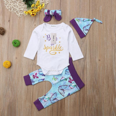 

4Pcs Newborn Baby Girls Floral Cotton Tops Romper Pants Headband Hat Outfits Clothes