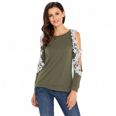 

Round neck long sleeve lace trim lace casual straight top