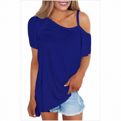 

Unilateral oblique collar short-sleeved solid color loose casual top
