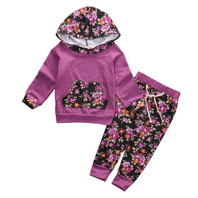 

2PCS Set Baby Girl Purple Hooded Sport Floral Clothes Autumn Winter Clothing