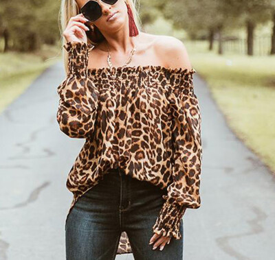 

Women Fashion Sexy Off Shoulder Leopard Print Tops Puff Long Sleeve Loose Top