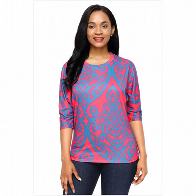 

Round neck five-point sleeves retro printed stitching casual straight top