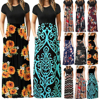

Women Summer Ethnic Pattern Beach Party Maxi Bodycon Dress Short Sleeve PlusSize