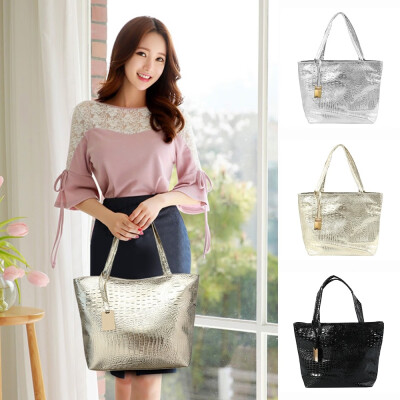 

Large Metallic Casual Women Shoulder Bags Silver Gold Black Crocodile Handbag PU Leather Big Tote Bag