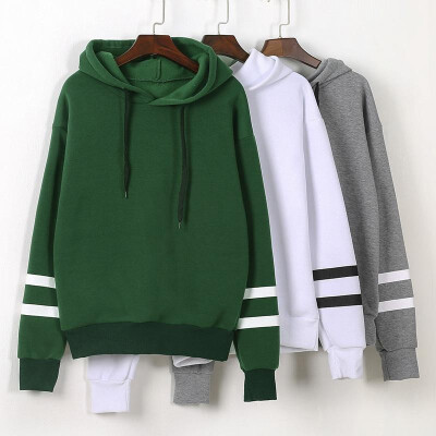 

Autumn Winter Women Hooded Sweater Long Sleeves Contrast Stripes Casual Loose Hoodies Top Pullover