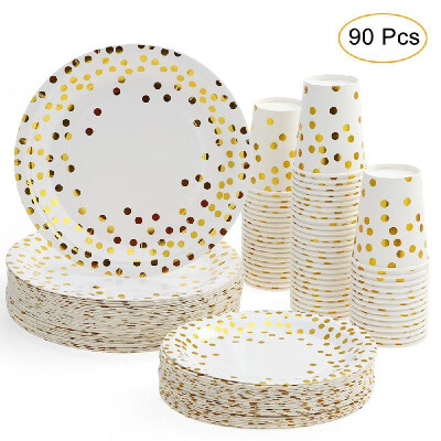 

30pcs 9oz Paper Cups 30pcs 7" Plates 30pcs 9" Plates Set of 90pcs Disposable Drinkware & Dishware with Golden Polka Dot Round