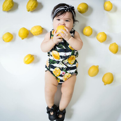 

Summer Toddler Baby Girls Sleeveless Striped Lemon Print Romper Clothes