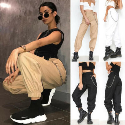 

Womens Cargo Pants Elastic Waist Jogger Skinny Trousers Side Pockets Sweatpants