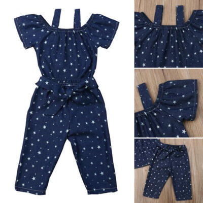 

USA 2Pcs Kids Girls Denim Off Shoulder T-shirt Tops Pants Outfit Clothes Set