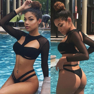 

Sexy Womens Cheeky Push up Bikini Set Long Sleeve Mesh Swimsuit Swimwear Bathing