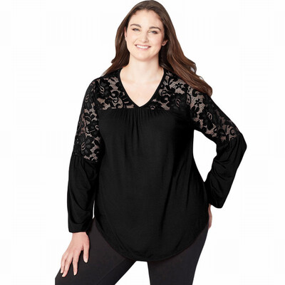 

Large size loose tops womens V-neck long-sleeved lace T-shirt