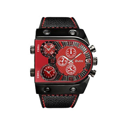 

OULM Men Three Time Zones Leather Band Quartz Watch Cool Big Dial Analog Wrist Watches