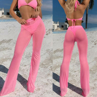 

Women Full Length Wide Leg Trousers Lady Evening Party Mesh Sheer Pants 6-16