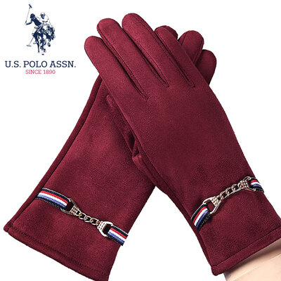 

Us polo suede gloves ladies autumn&winter fashion plus velvet thick warm windproof cold riding anti-skid can touch screen velvet gloves female gift box PSTMD-62005 wine red