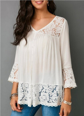 

7 Colors plus size Women Casual Solid Color Lace Deep V Neck T-Shirt Tops 34 Sleeves Sexy Autumn Slim Fit Irregular Pullover