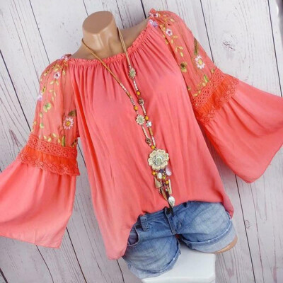 

Plus Size Women Retro Boho Floral Blouse Long Bell Sleeve Top Ladies Tunic Shirt