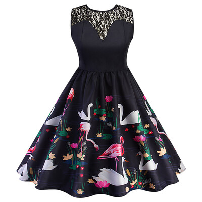 

Round Collar Sleeveless Spliced Lace Bird Print A-line Women Dress
