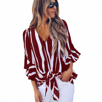 

Contrast vertical striped shirt Womens V-neck long-sleeved knotted top