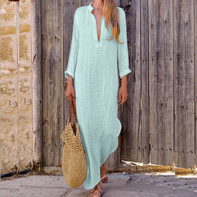 

Women Cotton Linen Maxi Dress Long Sleeve Casual Boho Kaftan Tunic Plus Size